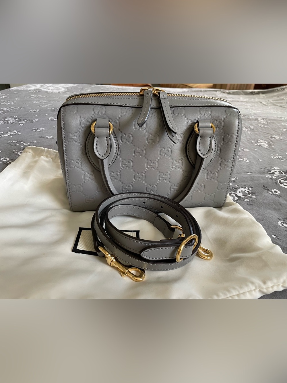 Gucci Gray Embossed GG Leather Satchel with Gold Hardware and Strap